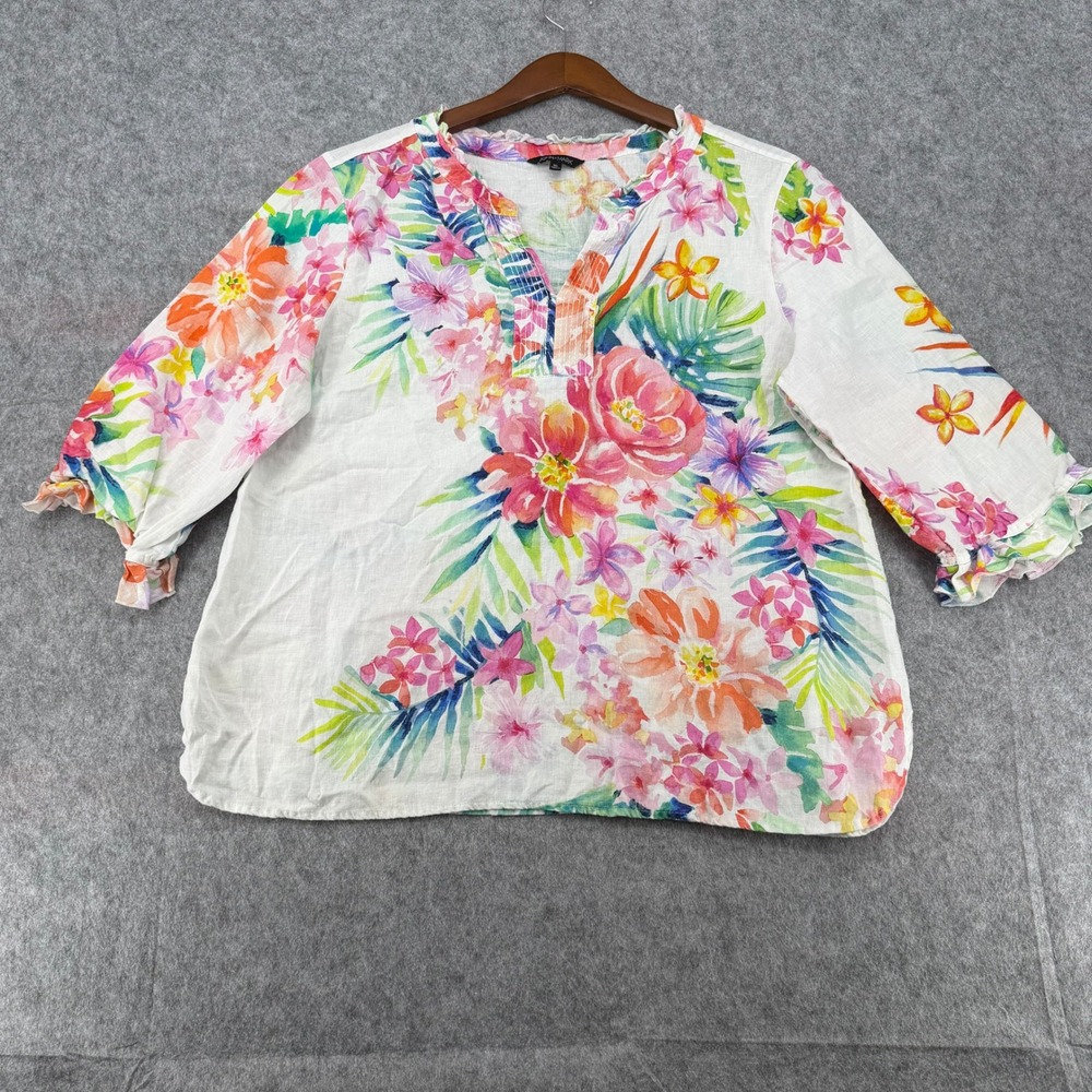 John Mark Womens XL Linen Tropical Floral Print 3/4 Ruffle Sleeve Blouse White